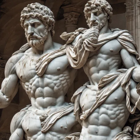 A hyper-realistic marble statue of a muscular Roman man holding a statue of a petrified rose, very old and old dust, and his facial expressions bring deep sadness and excessive thinking. Un fond de colonnes romaines, petrified birds, petrified dry moss, Co...