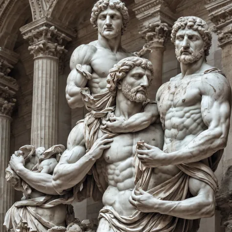 A hyper-realistic marble statue of a muscular Roman man holding a statue of a petrified rose, very old and old dust, and his facial expressions bring deep sadness and excessive thinking. Un fond de colonnes romaines, petrified birds, petrified dry moss, Co...