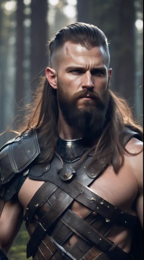 fking_scifi_v2, portrait of a mature very handsome viking warrior, long and windy hair, strong and hairy, standing in front of a smoky forest, close up, victory face, pose and attitude of a winner.