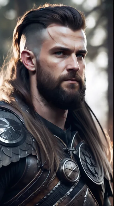 fking_scifi_v2, portrait of a mature very handsome viking warrior, long and windy hair, strong and hairy, standing in front of a smoky forest, close up, victory face, pose and attitude of a winner.