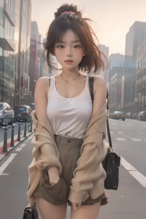 On the street, Asian girl，not wearing tops，sin pantalon