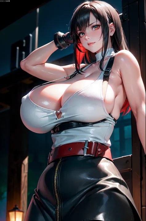 (8k, best quality, masterpiece:1.2), (realistic, photo-realistic:1.37), ultra-detailed, 1 girl,cute, solo, (tifa lockhart), ((Insanely huge gigantic breasts, ginormous breasts:1.6),(beautiful detailed eyes), (smile:1.2), (closed mouth), erotic pose, dancin...