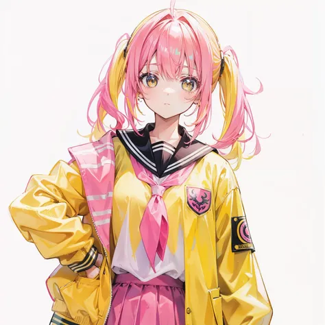 Pink yellow hair，high ponytails，Yellow pink jacket school uniform，Tall and sweet girl