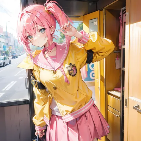 Pink yellow hair，high ponytails，Yellow pink jacket school uniform，Tall and sweet girl