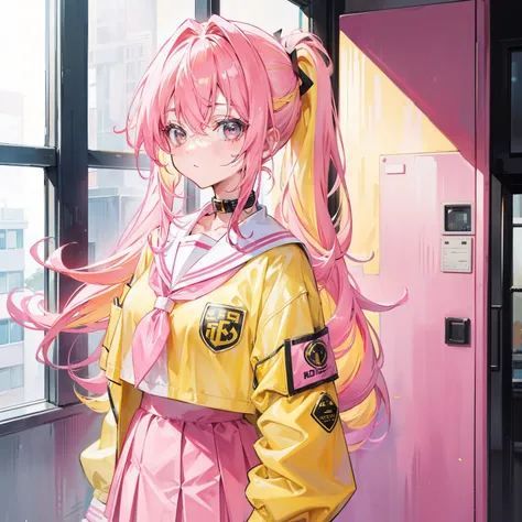 Pink yellow hair，high ponytails，Yellow pink jacket school uniform，Tall and sweet girl