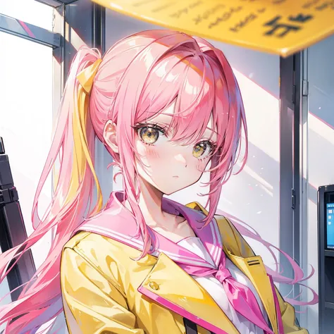 Pink yellow hair，high ponytails，Yellow pink jacket school uniform，Tall and sweet girl