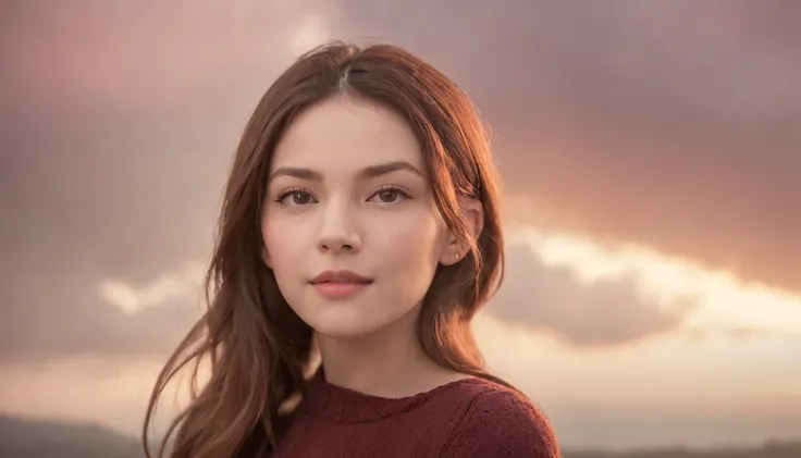 masterpiece, best quality, movie still, 1girl, cloud girl, floating in the sky, close-up, bright, happy, warm soft lighting, sunset, (sparks:0.7)