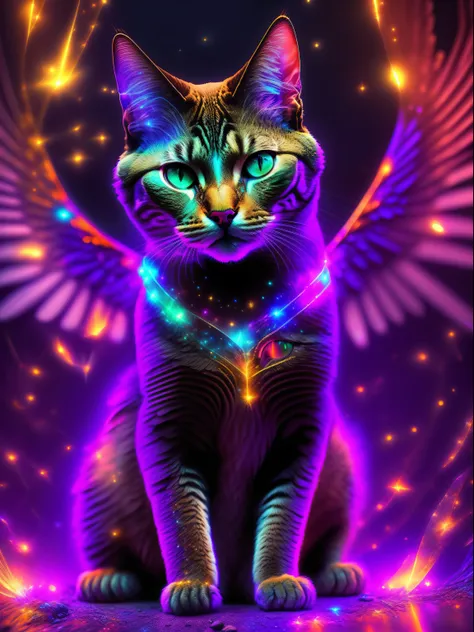 tmasterpiece, beste-Qualit, Art Station, Extremely detailed , winged cat ,Perfectly proportioned, Contrast display, ultra realistis, black backdrop, galaxy, Endless Lights, Strewn with fine flash details, 8K, 真实感, The vibrant, luminescent, Exciting, hyper-...