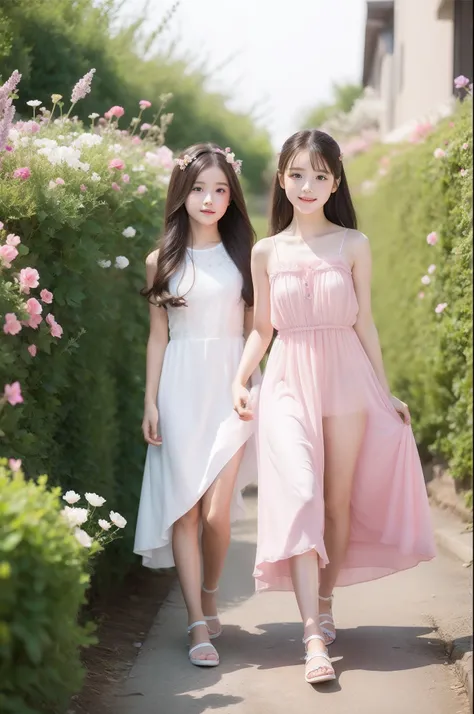 2 beautiful girls,Loli,Comic, Pink lucency full dress,The long-haired，Take a walk in the flower beds