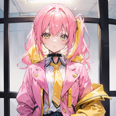 Pink yellow hair，high ponytails，Yellow pink jacket school uniform，Tall and sweet girl