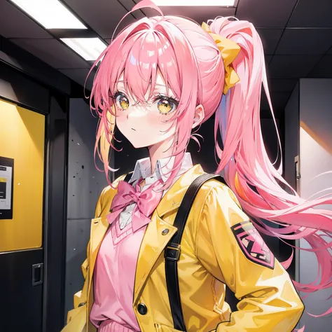 Pink yellow hair，high ponytails，Yellow pink jacket school uniform，Tall and sweet girl