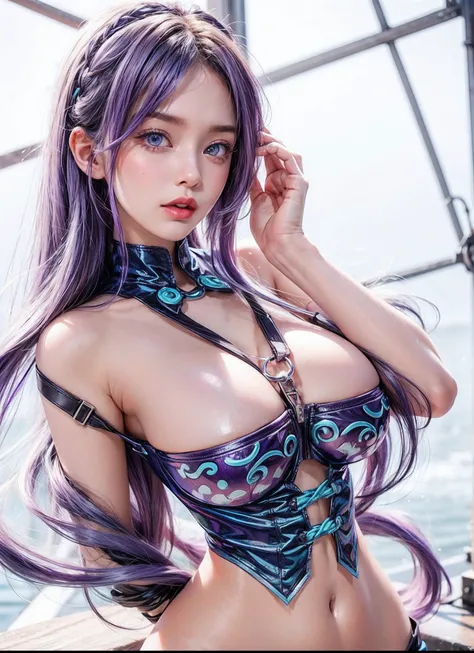 Big boobs,blue ayes, purple hair,Hyper realistic, Ultra detail