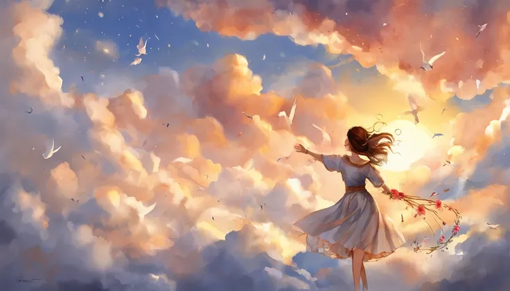 masterpiece, best quality, movie still, 1girl, cloud girl, floating in the sky, close-up, bright, happy, warm soft lighting, sunset, (sparks:0.7)