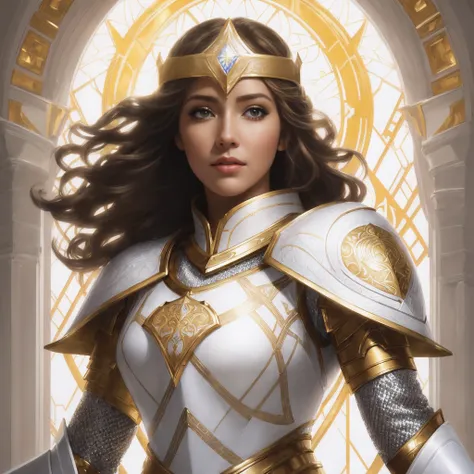 a close up of a woman in a white and gold outfit, portrait of female paladin, gorgeous female paladin, aly fell and artgerm, artgerm julie bell beeple, intricate white and gold armor, picture of female paladin, artgerm detailed, fantasy paladin woman, fema...