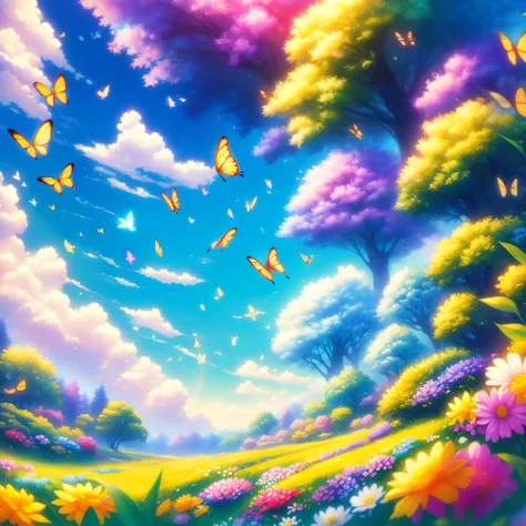 tmasterpiece，Blue sky and white clouds with natural elements，Flowers and trees，glowworm，Little butterflies，rivulets，Colorful colorful，Surreal style，The picture is delicate，（Best quality at best），（The best illustrations），Octane rendering，Ray traching，ultra-...