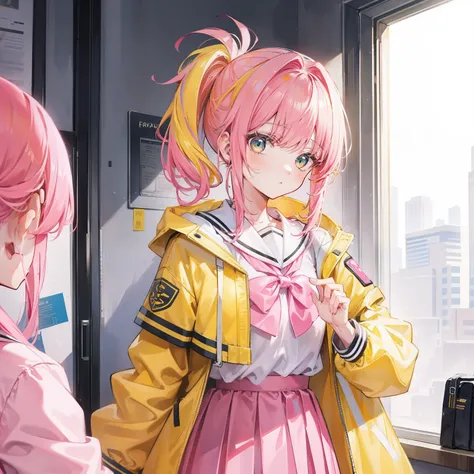 Pink yellow hair，high ponytails，Yellow pink jacket school uniform，Tall and sweet girl