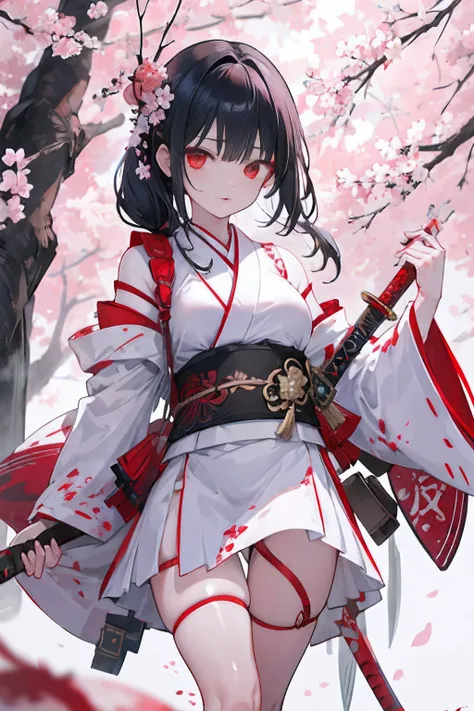 2girls、Weapons with blood on them、Dark Renditions、shrines、Great body、Great legs、White kimono black hair with blood on it、Sword、Holding a weapon with blood on it、Cherry blossoms are dancing、poneyTail、Ordinary girl、The actions of two people who fight、Bleedin...