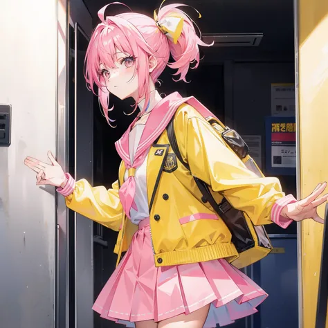 Pink yellow hair，high ponytails，Yellow pink jacket school uniform，Tall and sweet girl