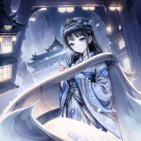 ，Masterpiece, Best quality，8K, 超高分辨率，Under the vast starry sky，A girl in a gorgeous Chinese costume leans against a floating blue cloud。Her eyes twinkled with bright stars，Like the most beautiful meteor in the universe，Exudes a mysterious glow。Her slender ...