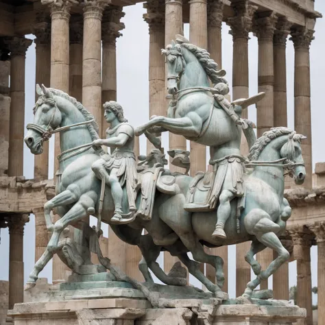 An ancient marble statue of Alexander the Great on his legendary horse. Un fond de colonnes romaines, petrified birds, petrified dry moss, Colors are muted and faded, to emphasize the seriousness of the scene