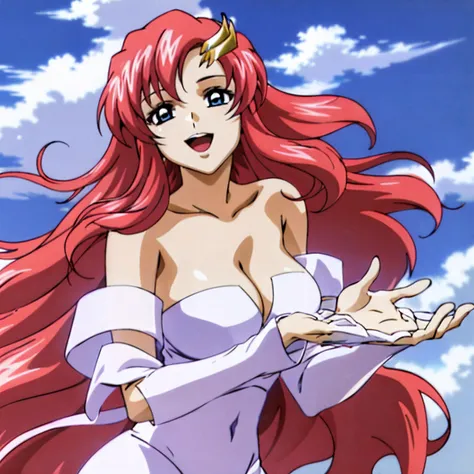 (masuterpiece, 4K, Best Quality, Anime style: 1.9, bold drawing lines, High color saturation, Detailed face, tall, Adult Woman, lovely, (cloud background), Drawing lines, high resolution, Anime, lacus4. White dress with pink design), 1girl in, Solo, curvy ...