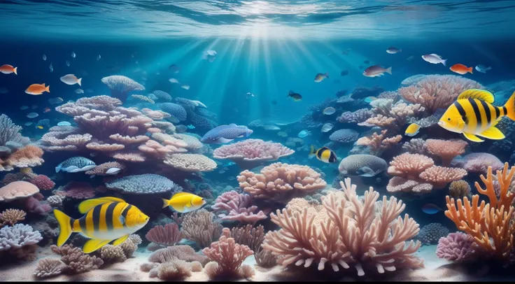 (high high quality，tmasterpiece，under the water，ocean floor，the reef，The fish)