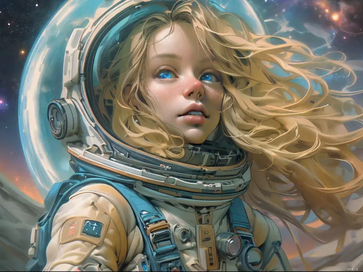 there is an illustration of a fairy astronaut standing on Mars looking into space seeing the vast of stars and space, blond hair, long hair, blue eyes, ultra detailed face, space and stars as background, sense of infinity, Ultra-Wide Angle, high detail, aw...