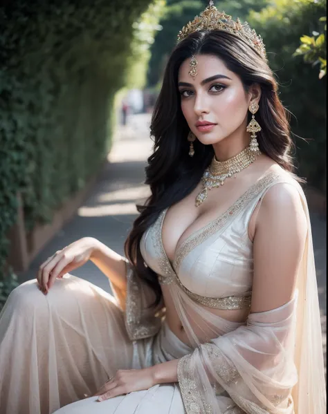 side topless portrait of A confident-looking indian woman princess with long flowing hair, hazel eyes, with flowing see-through royal saree and breast visible see-through blouse, wearing designer jewellery, designer royal gown, a crown on head, visible c-c...