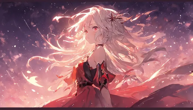 absurderes、hight resolution、(Official Art、Beautifully Aesthetic:1.2)、(Close View:1.15)、 (1girl in、White hair、Hair in the middle、yellow  eyes、radiant eyes、Black Long Dress、Red frills、:1.2)、simple background、（starrysky）、（nigh sky）、（starrysky）