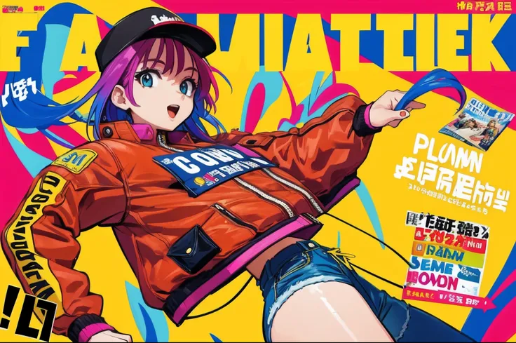 1girl, sfw, cap, shorts, jacket, (Magazine cover-style illustration of a fashionable woman in a vibrant outfit posing in front of a colorful and dynamic background. She has a confident expression and is striking a pose. The text on the cover should be bold...