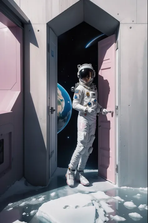 (the ice planet has only one simple pink door: 1.4), (an astronaut in a white spacesuit emerges from a slightly open door: 1.6),...