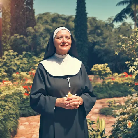 nun in black dress holding a candle in her hands, majestosa mulher de santo, bem modelo de moda, modelo de moda freira olhando p...