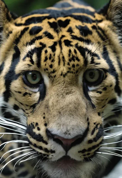 High nation-geographic symmetrical close-up portrait shoot in green jungle of an expressive Clouded Leopard, anamorphic lens, ultra-realistic, hyper-detailed, green-core, jungle-core –ar 16:9 –q 2 –v 5