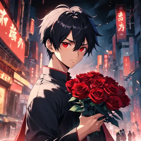 Black-haired, red-eyed "male" handsome guy，Holding roses，apologize