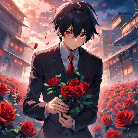 Black-haired, red-eyed "male" handsome guy，Holding roses，apologize