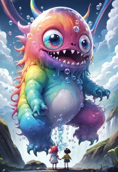 Cute rainbow bubble monster that is creepy, ultra - detailed, an epic fantasy，Anthropomorphic