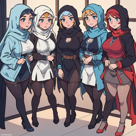 Group of four confident, stylish women wearing hijabs and elegant mini dresses, radiating positivity and unity, high-quality digital art, realistic shading, soft lighting, by renowned artists, artstation trending, 4k resolution, big tits, wearing pantyhose...