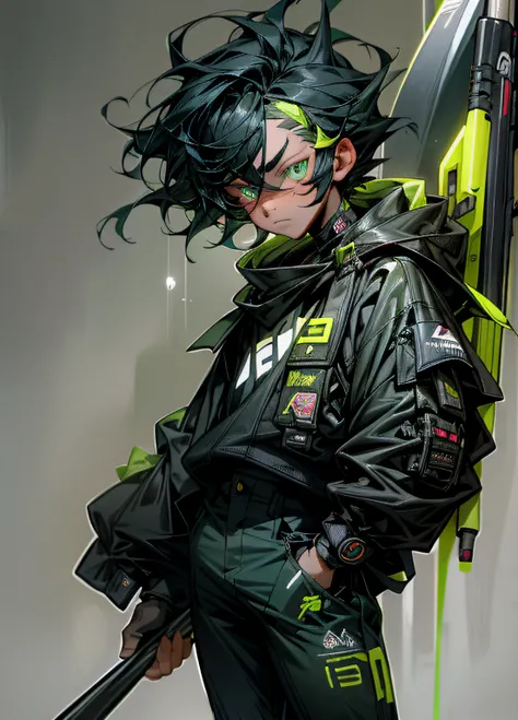 cyber punk perssonage，Baseball bat，8 years old boy，a baby face，largeeyes，Slightly flattened nose，Black hair，Handsome，full bodyesbian，frontage，Childlike，On campus，Pants black，Clothes fluorescent green