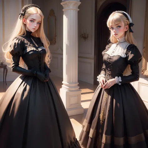 Masterpiece, top quality, very delicate and beautiful girl, the girl are twins, they are twins use Victoria dress, long dress, long Victoria dress, They are looks 19 years old, Victoria dress, Covered shoulders and chest, Closed Victorian Dress, wearing gl...