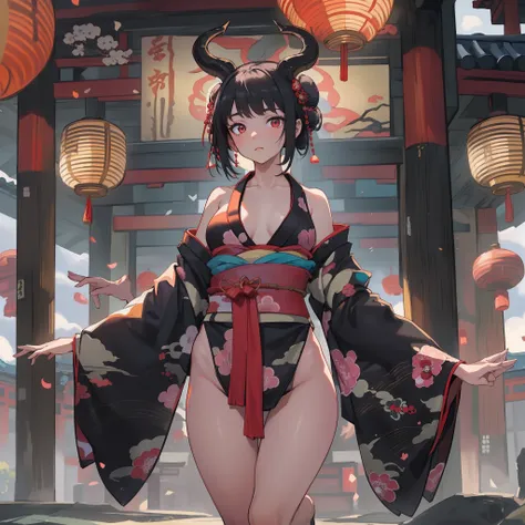 (masterpiece, best quality:1.2), (1girl, solo), 20years old, (full body, wide shot:1.1), (kimono, undressing, black bikini bra, bare shoulder), arms crossed in front of the chest, (black hair, single bun), demon horns, gleaming skin, Japanese ancient capit...