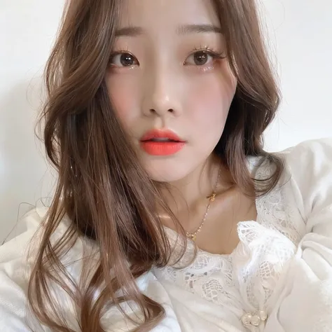 a close up of a woman with long hair wearing a white dress, ulzzangs, Choi Hyun-hwa, sakimichan, Korean girl, jaeyeon nam, with round face, light-red lips, beautiful Korean women, young lovely Korean faces, popular korean makeup, Beautiful young Korean wom...