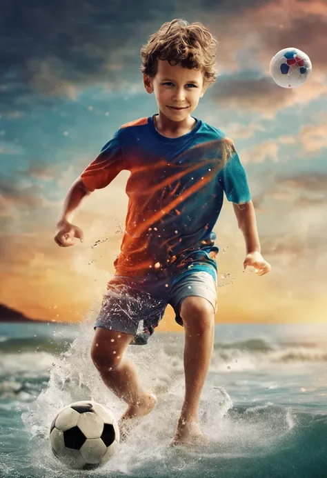 A little boy (10 years old) passionately plays soccer in the big ocean.