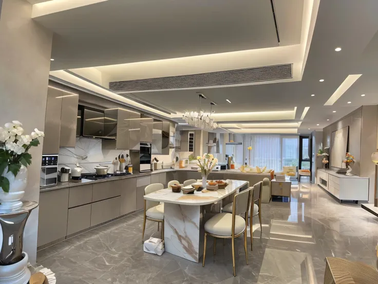 ，masterpiece, best quality，8k, ultra highres，Reallightandshadow，（Realiy，realisticlying)，Enter this dazzling luxury kitchen，You will be blown away by its unique design and high-end quality。Marble countertops display endless varieties of gourmet materials an...