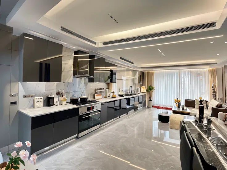 ，masterpiece, best quality，8k, ultra highres，Reallightandshadow，（Realiy，realisticlying)，Enter this dazzling luxury kitchen，You will be blown away by its unique design and high-end quality。Marble countertops display endless varieties of gourmet materials an...