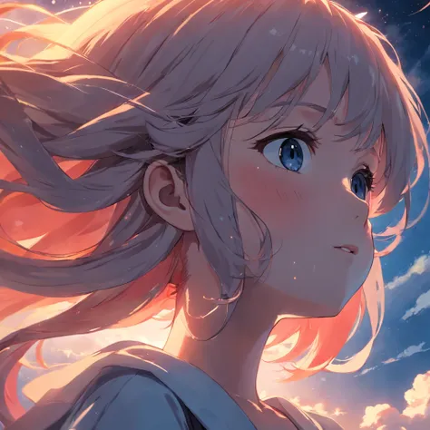 Masterpiece, best quality, movie stills, 1girl, cloud girl, floating in the sky, closeup, bright, happy, warm soft lights, sunset