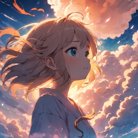 Masterpiece, best quality, movie stills, 1girl, cloud girl, floating in the sky, closeup, bright, happy, warm soft lights, sunset