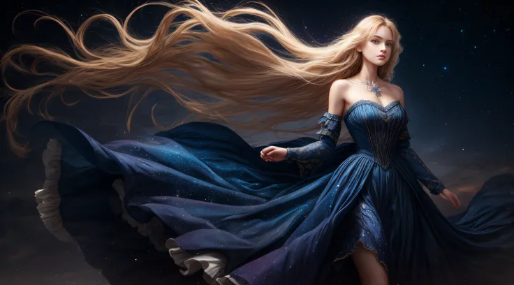 (best quality, masterpiece), young woman, pose, particle, wind, flower, upper body, night eclipse background, looking at viewer, long straight windblown blonde hair, detailded blue eyes, medieval princess blue dress, galaxy, backlit, rimlight, beautiful ar...