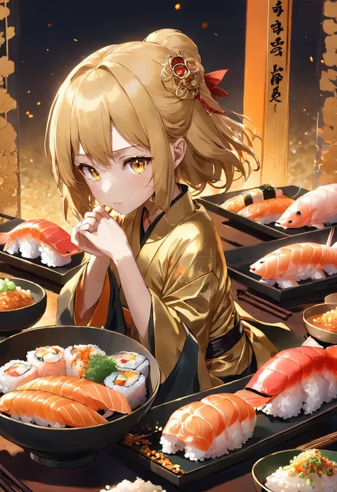 Luxurious golden most expensiveSushi food with rice and sauce, with fried rice and shrimps, and wine, photographic pic, high quality