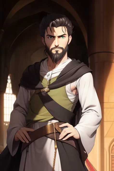 25 age old，Stoic man with short black hair, Green eyes and short beard, Driss as a merchant of the time, Find purpose in life