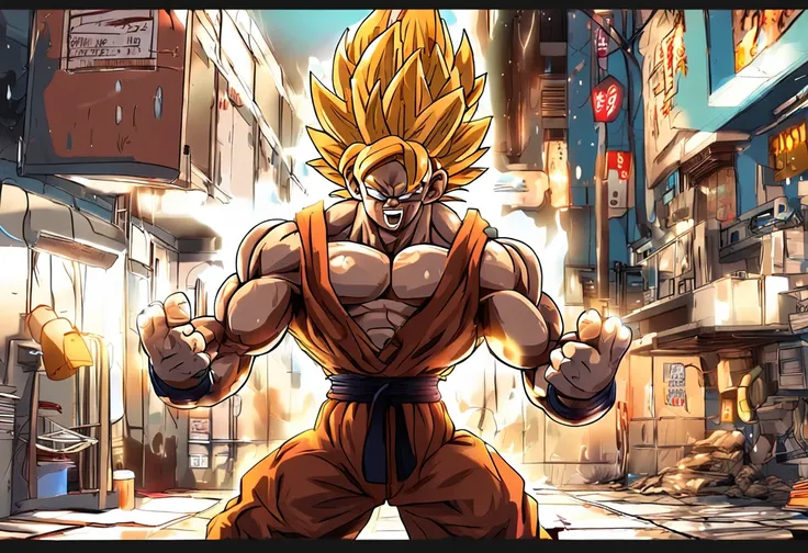 tmasterpiece，best qualtiy，1man，Dragon Ball，son goku，gym room，Bench press，Hold dumbbells in your hand，musculature，Bare upper body，Full body photo，dim murky lights，（neonlight：0.7）